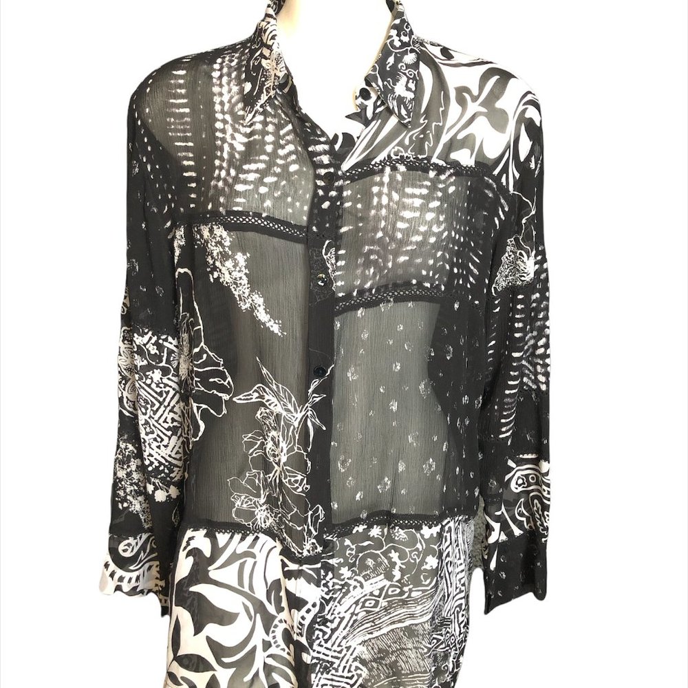 Sheer floral Black & White button up